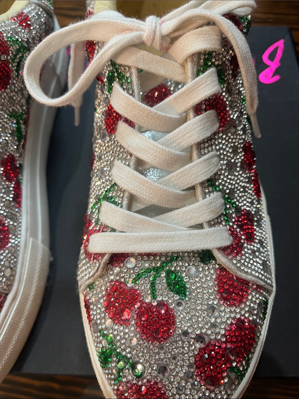 Betsey Johnson Crystal Cherry Embellished Sneakers - White/Red/Green - Picture 3 of 12